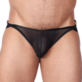 Front view of Gigo Anwar black mesh jock thong with elastic trim and Gigo logo detail.