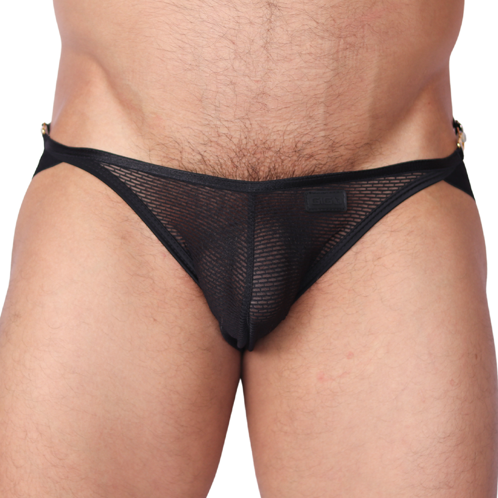Front view of Gigo Anwar black mesh jock thong with elastic trim and Gigo logo detail.