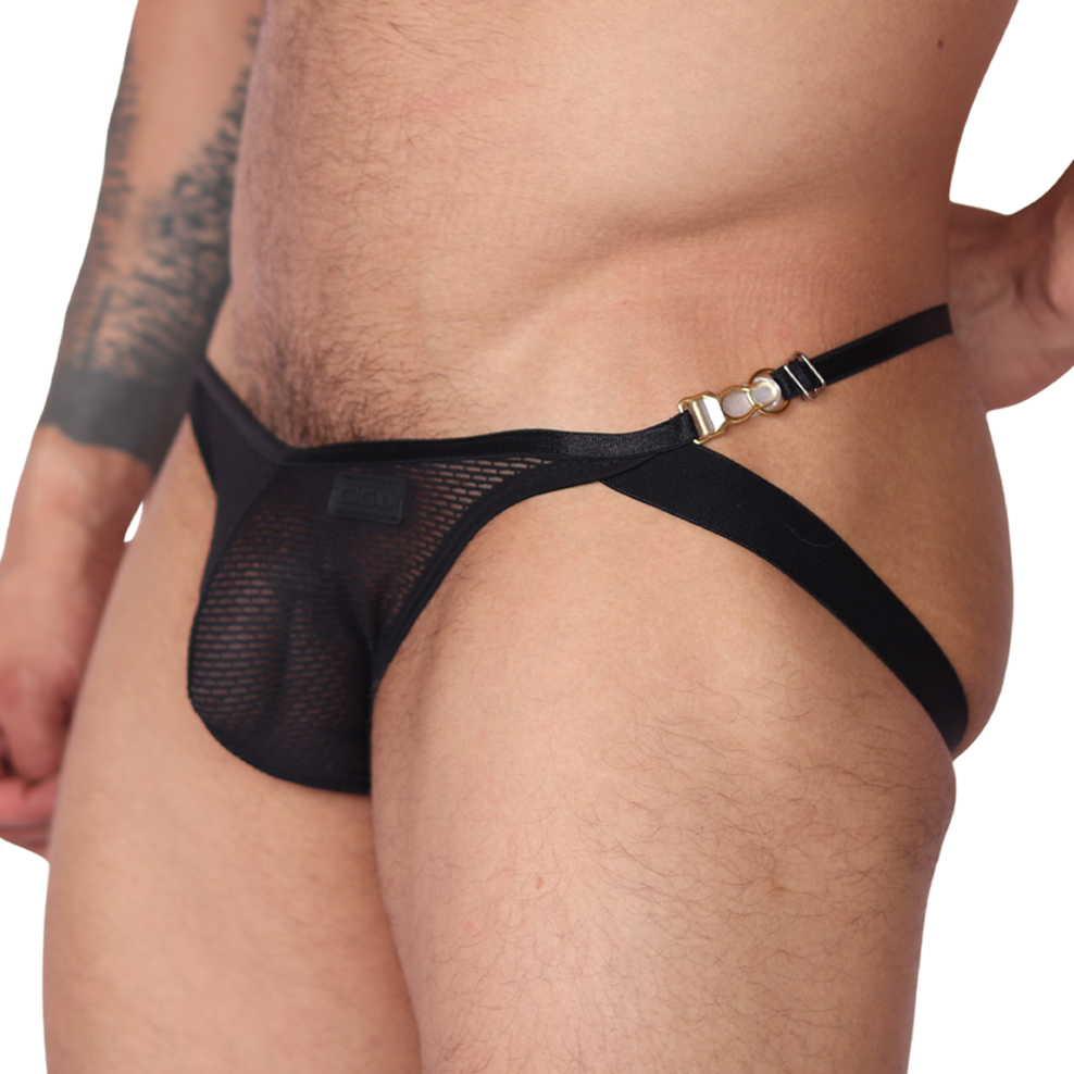 Side view of Gigo Anwar black mesh jock thong with gold-toned hardware and elastic side strap detail.