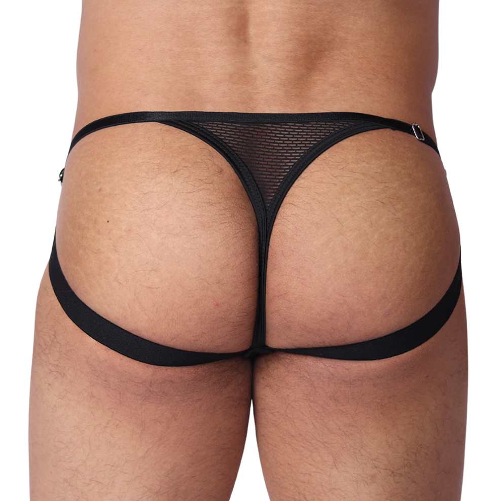 Back view of Gigo Anwar black mesh JOCK THONG with straps and metal hardware details.