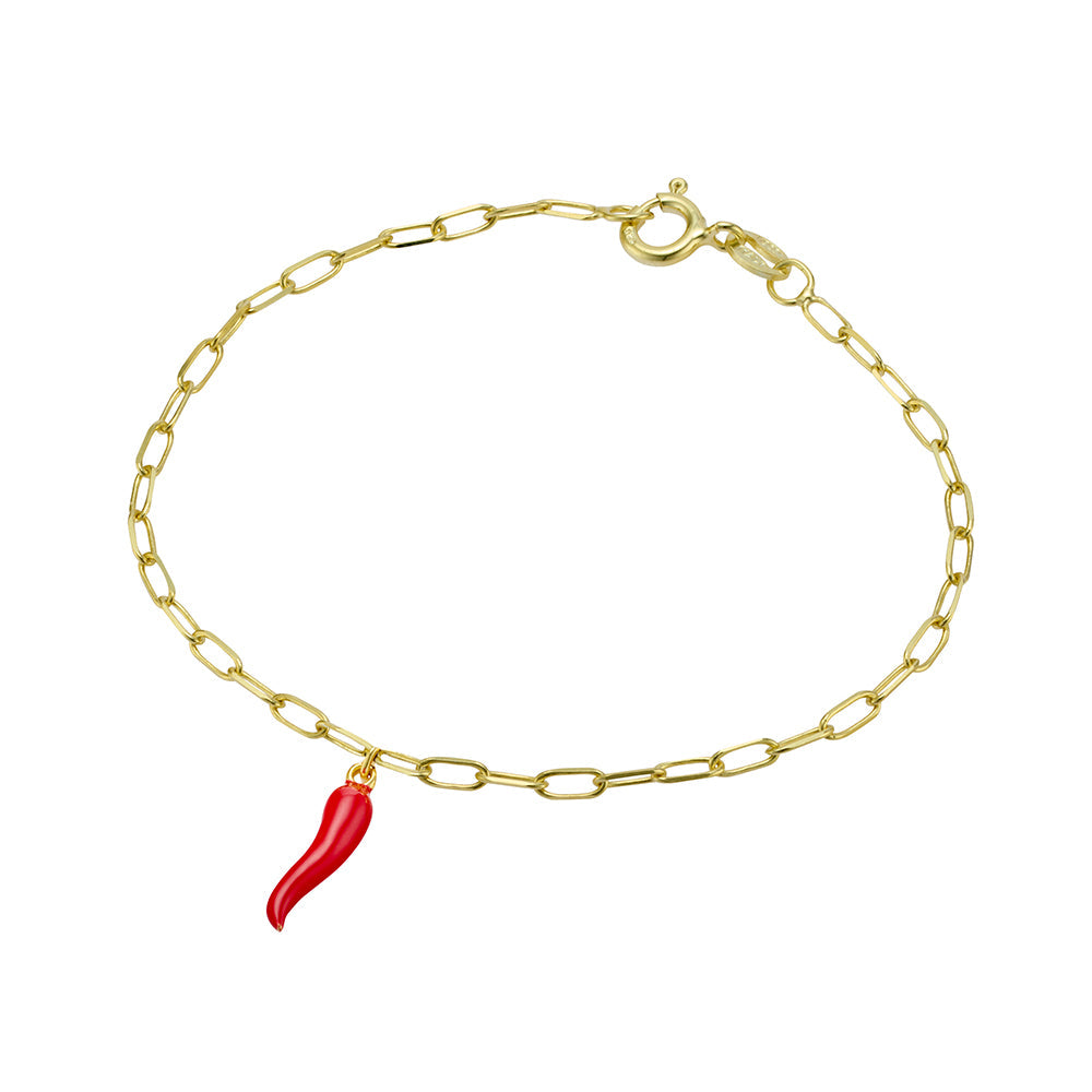 Sterling Silver 2mm Paperclip Chain Bracelet with 'Spicy Red' Cornicello Charm