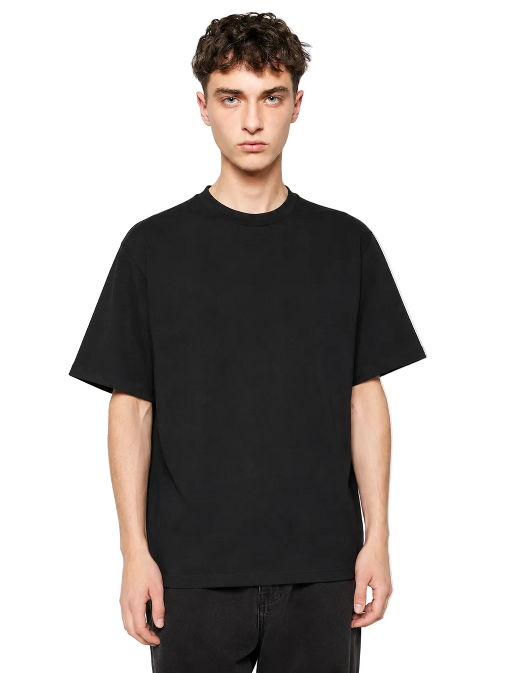 Model wearing a classic black, short-sleeve premium t-shirt with a standard crew neck, shown against a white background.