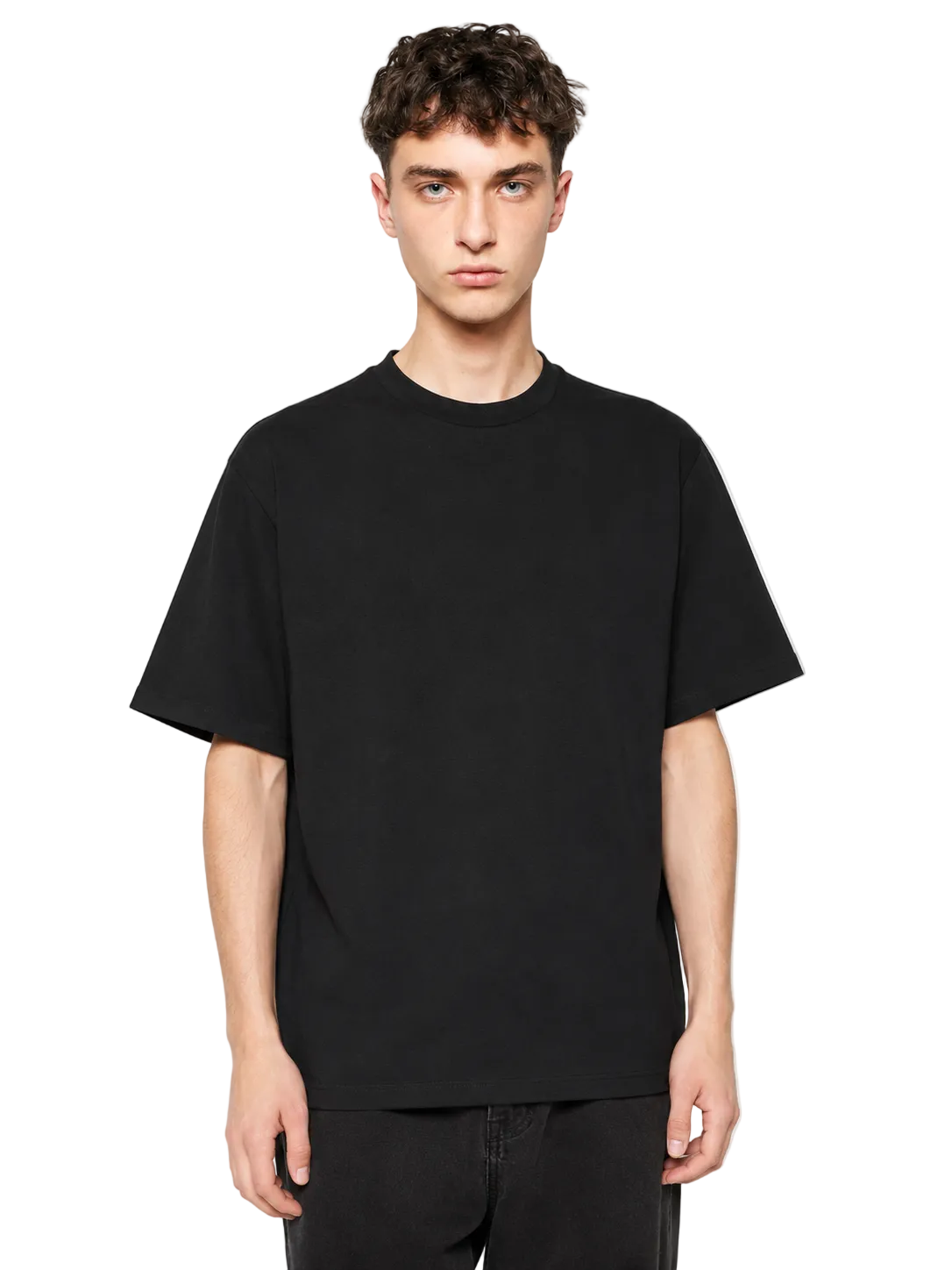 Model wearing a classic black, short-sleeve premium t-shirt with a standard crew neck, shown against a white background.