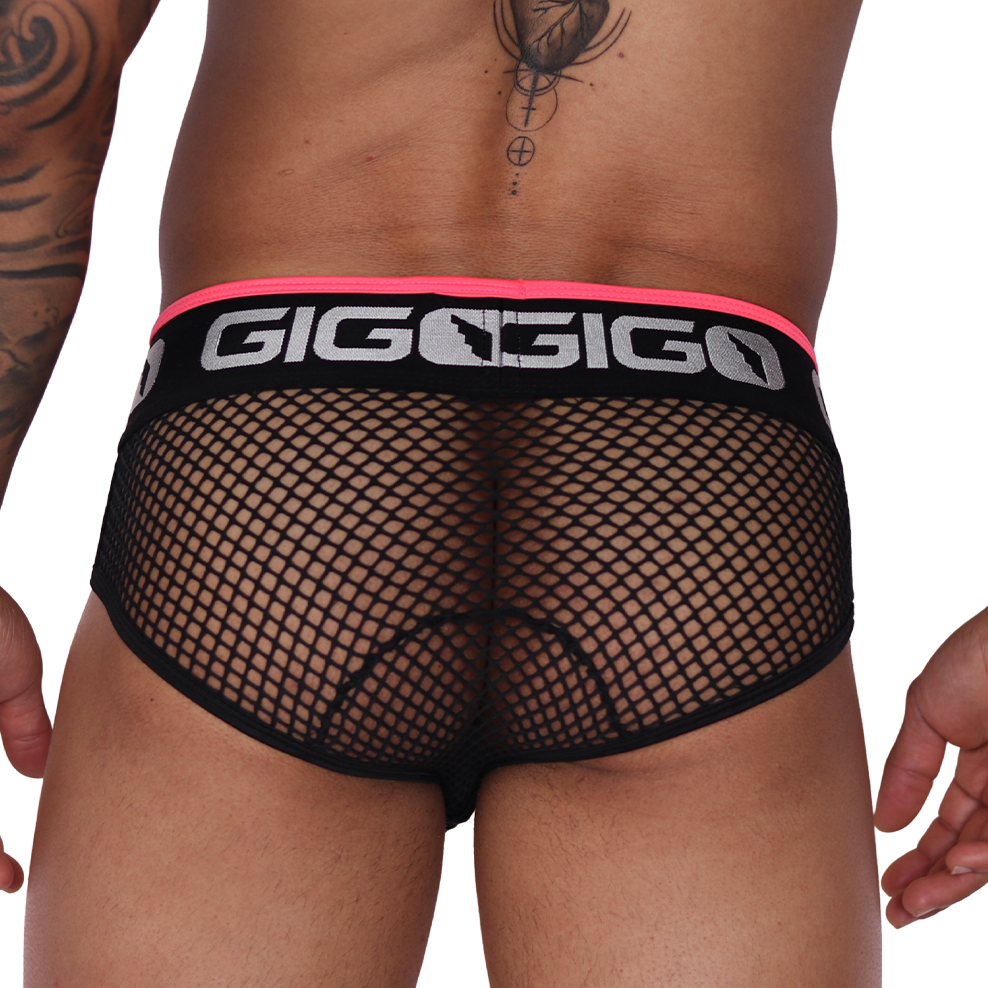 Back view of Gigo Boox mesh brief in black with fuchsia trim and branded elastic waistband.