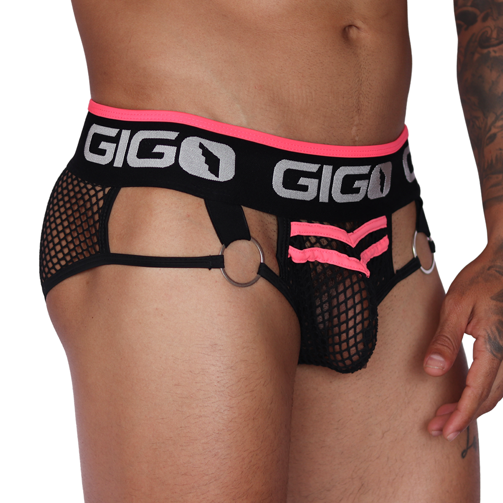 Side view of Gigo Boox fuchsia and black mesh brief with logo waistband, o-rings, and cutout strap details.