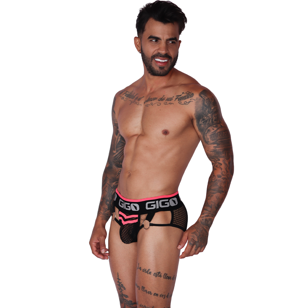 Side view of Gigo Boox fuchsia and black mesh brief with logo waistband, metallic rings, and cutout detail.