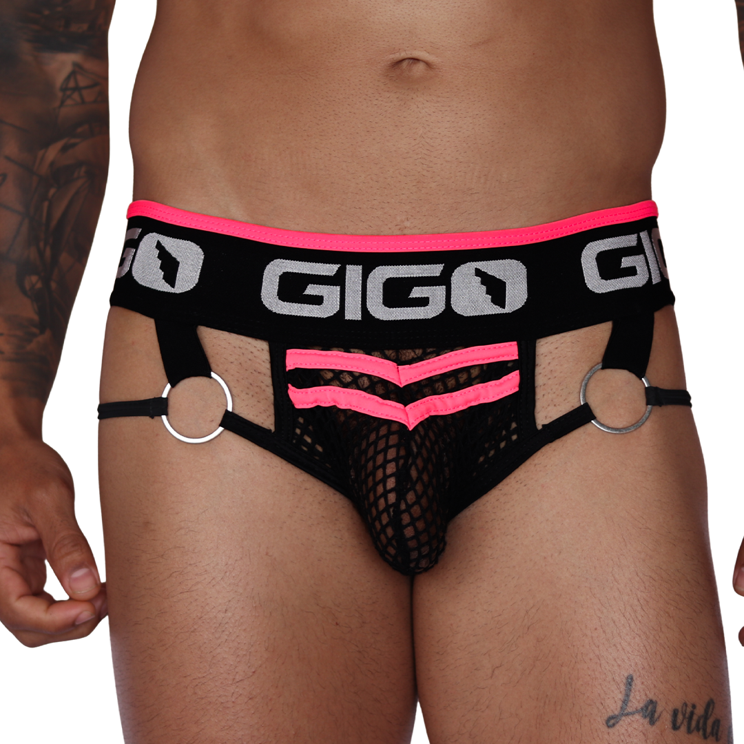 Front view of Gigo Boox fuchsia and black mesh brief with metal rings and branded logo waistband.