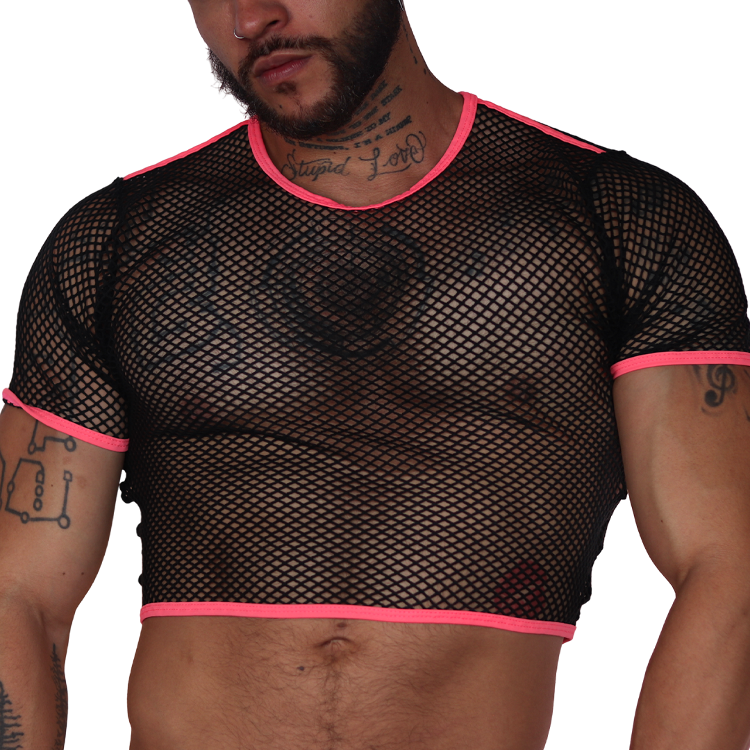 Front view of Gigo Boox fuchsia and black mesh net crop top with short sleeves on a male model.