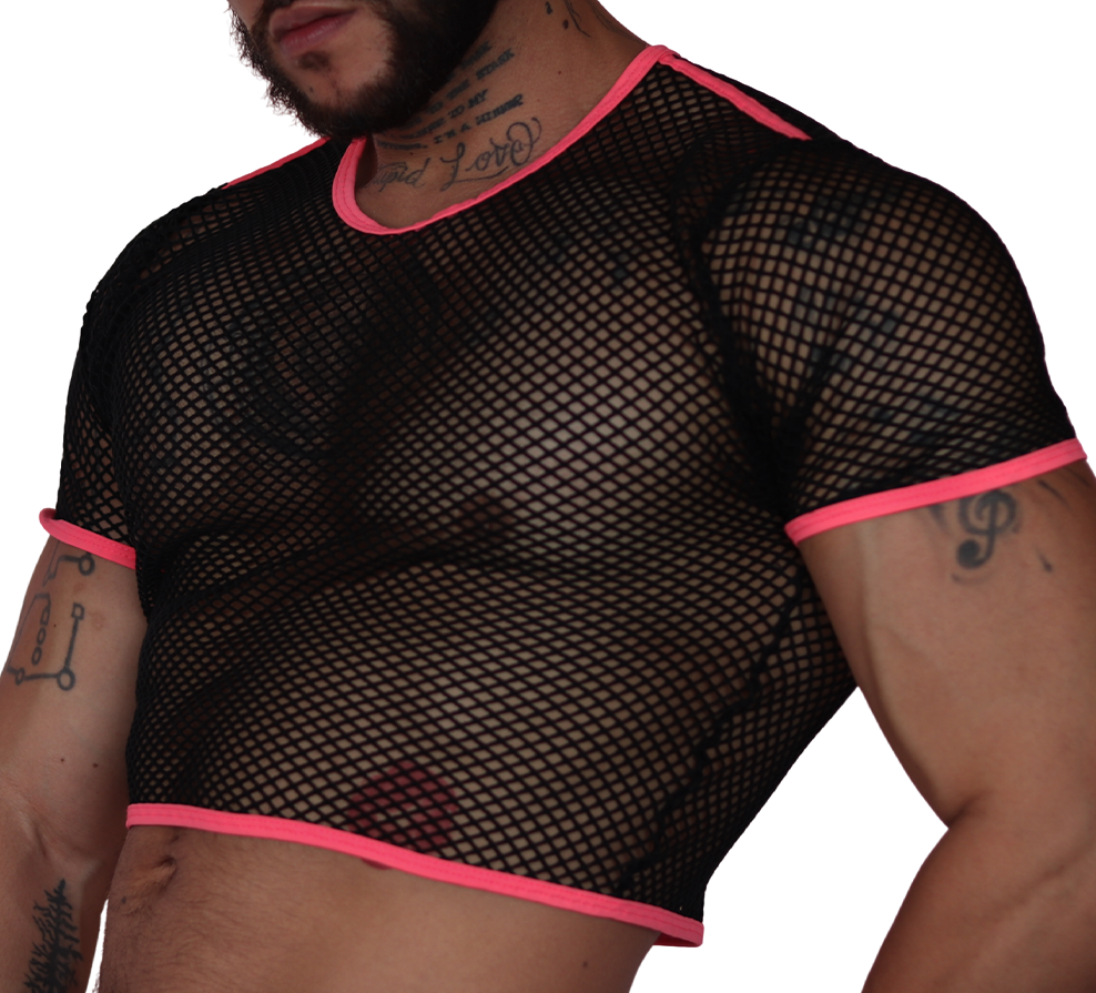 Side view of Gigo Boox fuchsia and black mesh fishnet crop top with short sleeves and contrast trim.