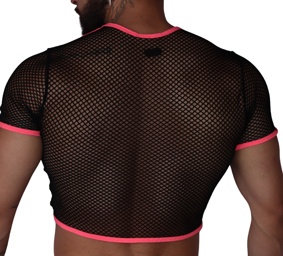 Back view of Gigo fuchsia and black mesh fishnet crop top with vibrant pink trim edges.