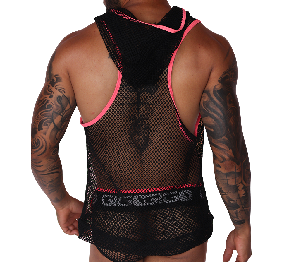 Back view of Gigo black mesh hoody t-shirt with fuchsia trim and branded elastic waistband.