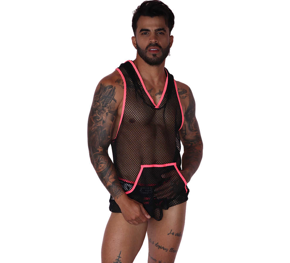 Front view of Gigo Boox fuchsia and black mesh hoody t-shirt with front kangaroo pocket.
