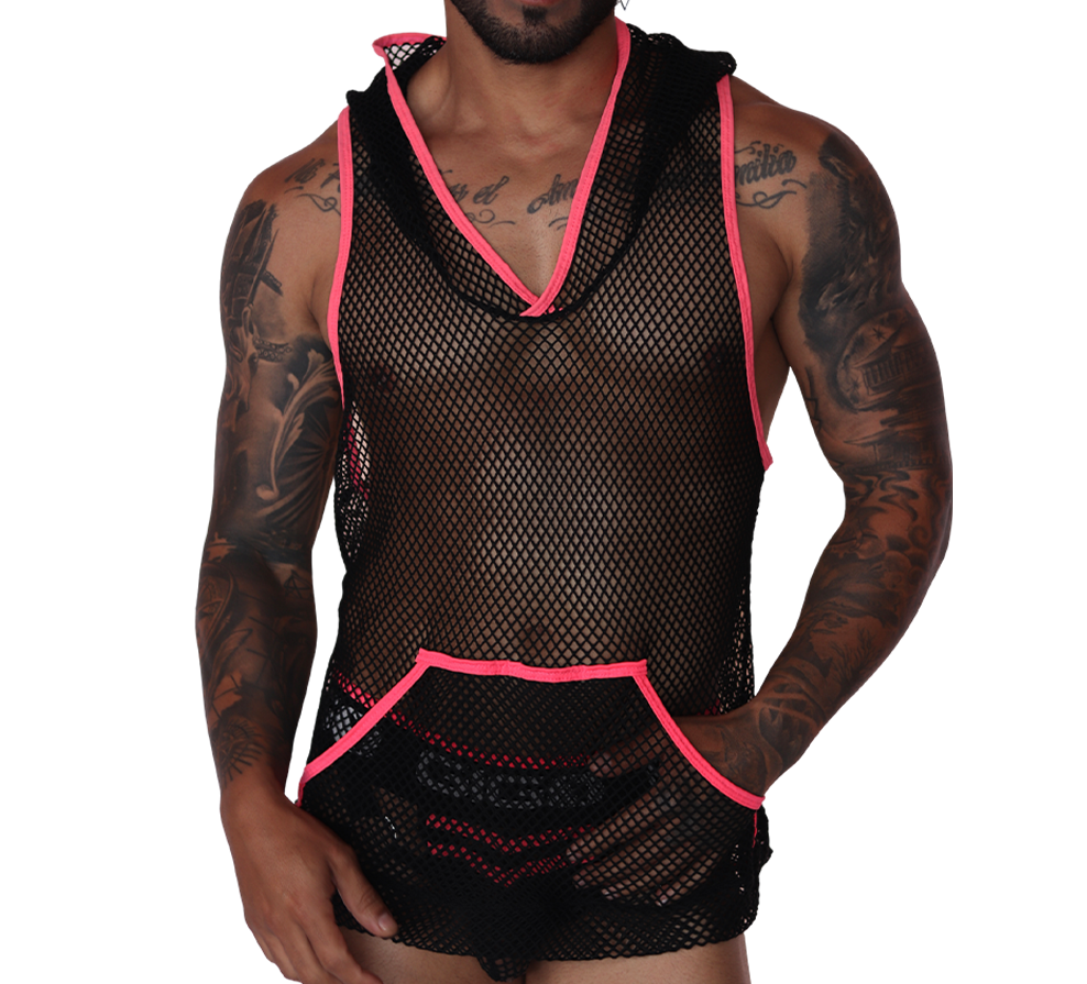 Front view of Gigo black mesh hoody t-shirt with fuchsia trim and front kangaroo pocket.