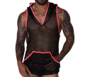 Front view of Gigo black mesh hoody t-shirt with fuchsia trim and front kangaroo pocket.