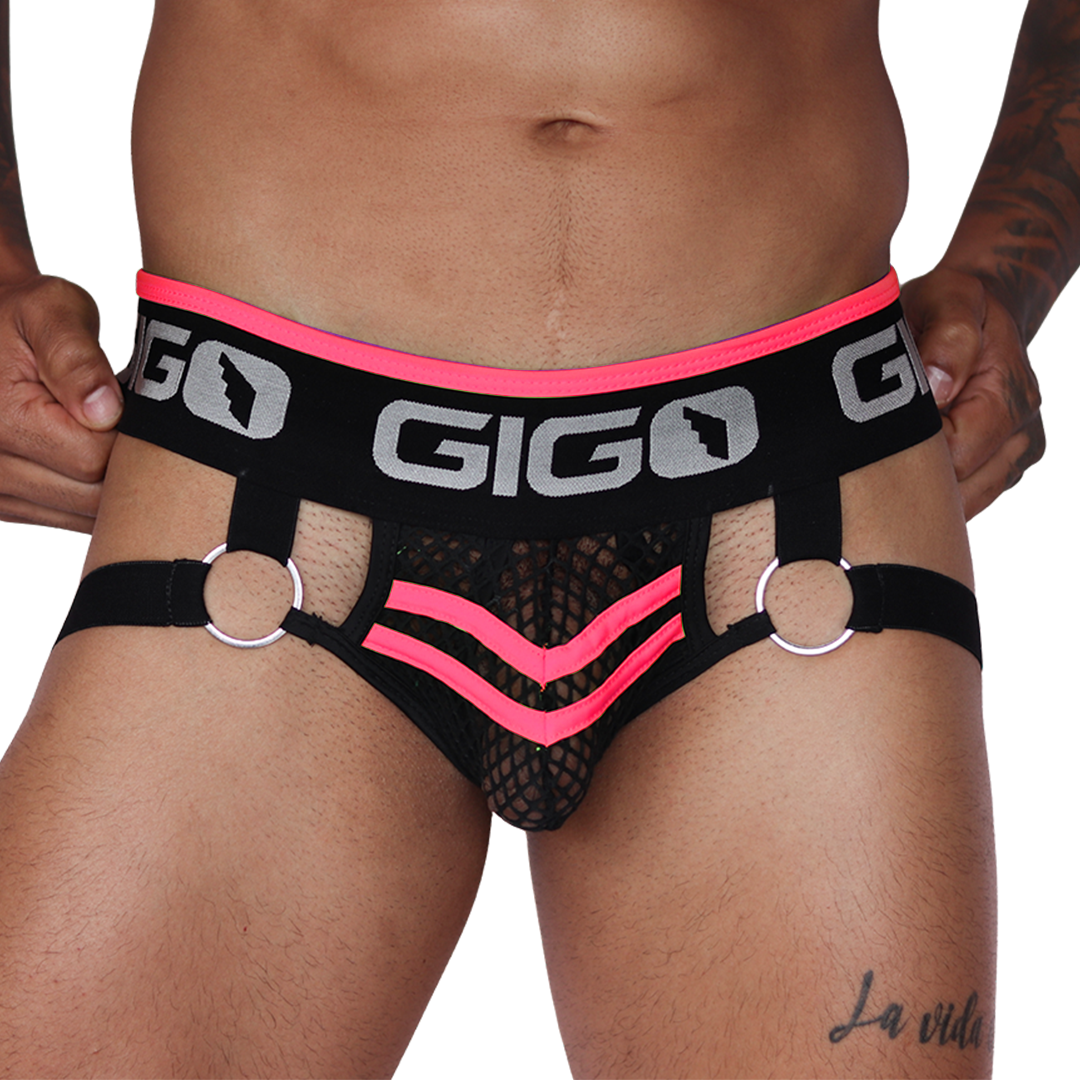 Front view of Gigo Boox fuchsia and black mesh jockstrap with O-ring accents and branded waistband.