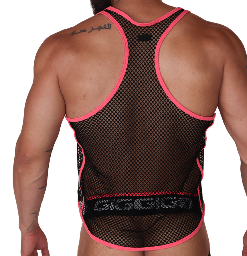 Back view of Gigo Boox fuchsia mesh tank top with black trim and branded elastic waistband.