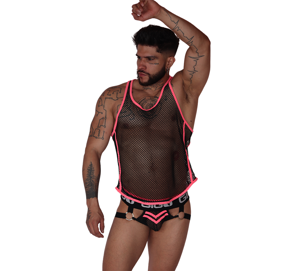 Gigo Boox fuchsia mesh tank top, front view, featuring breathable athletic fabric with vibrant pink trim.