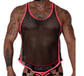 Front view of Gigo Boox mesh tank in black with fuchsia trim and branded elastic hem.