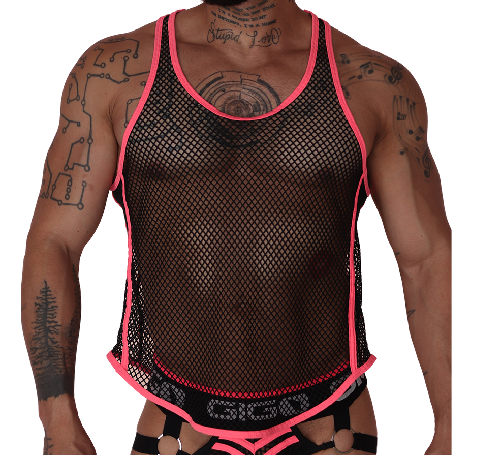 Front view of Gigo Boox mesh tank in black with fuchsia trim and branded elastic hem.