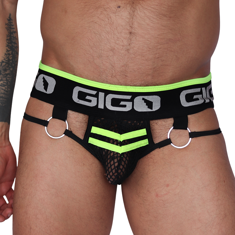Front view of Gigo Boox yellow mesh brief with black waistband, metal rings, and neon yellow accents.