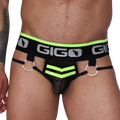 Front view of Gigo Boox yellow mesh brief with black waistband, metal rings, and neon yellow accents.