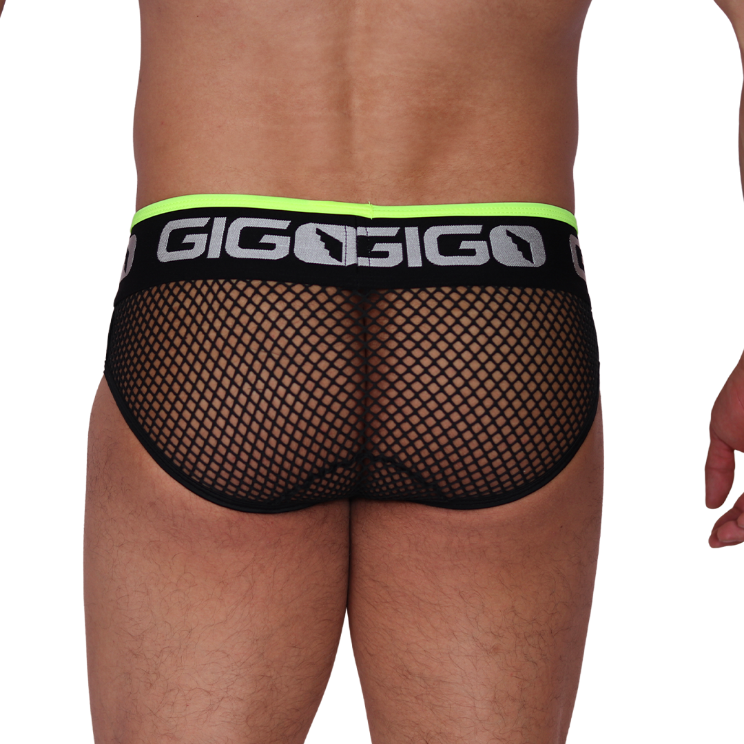 Back view of Gigo Boox yellow mesh brief with black branded waistband and neon trim.