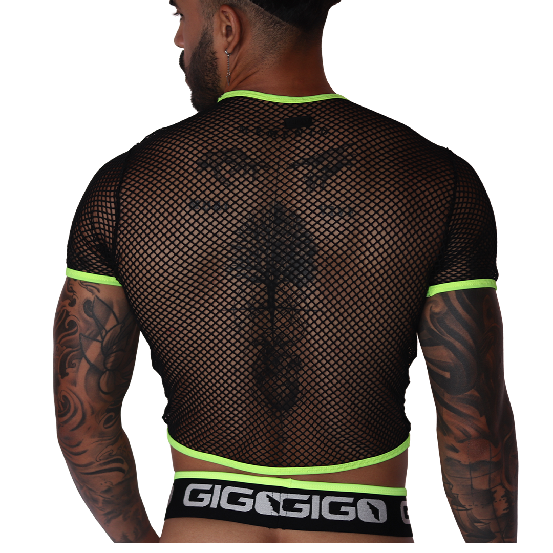Back view of Gigo Boox mesh crop top in black with yellow trim worn by a tattooed man.