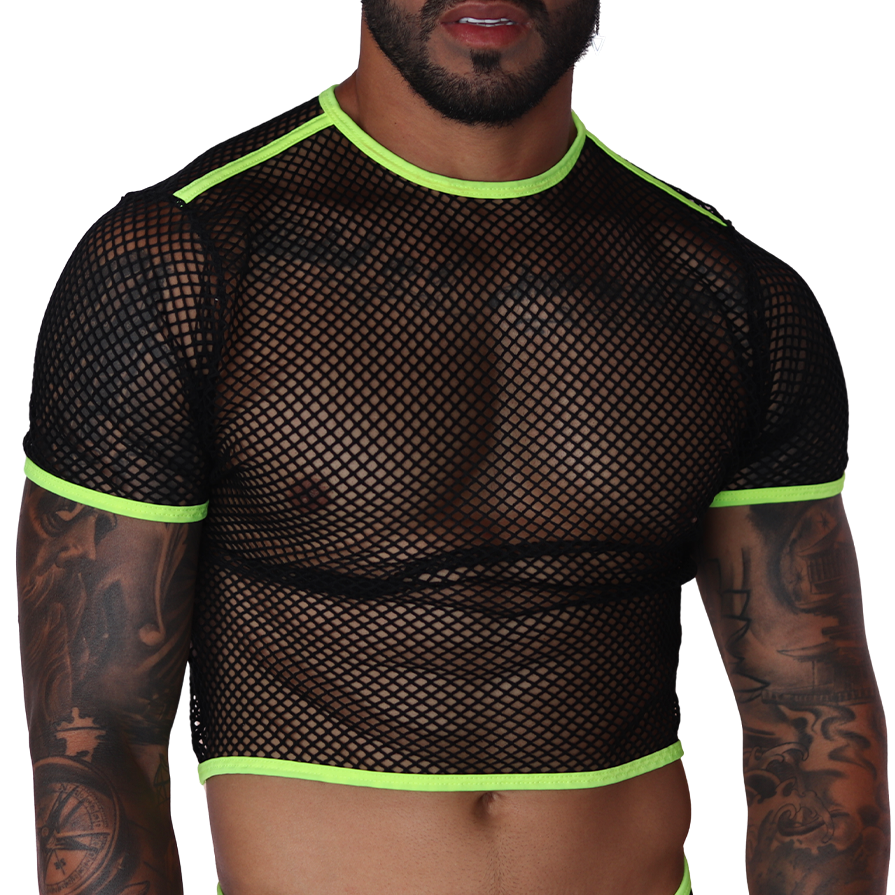 Gigo Boox front view: Black mesh crop top with neon yellow trim. Short-sleeved fishnet design for men.
