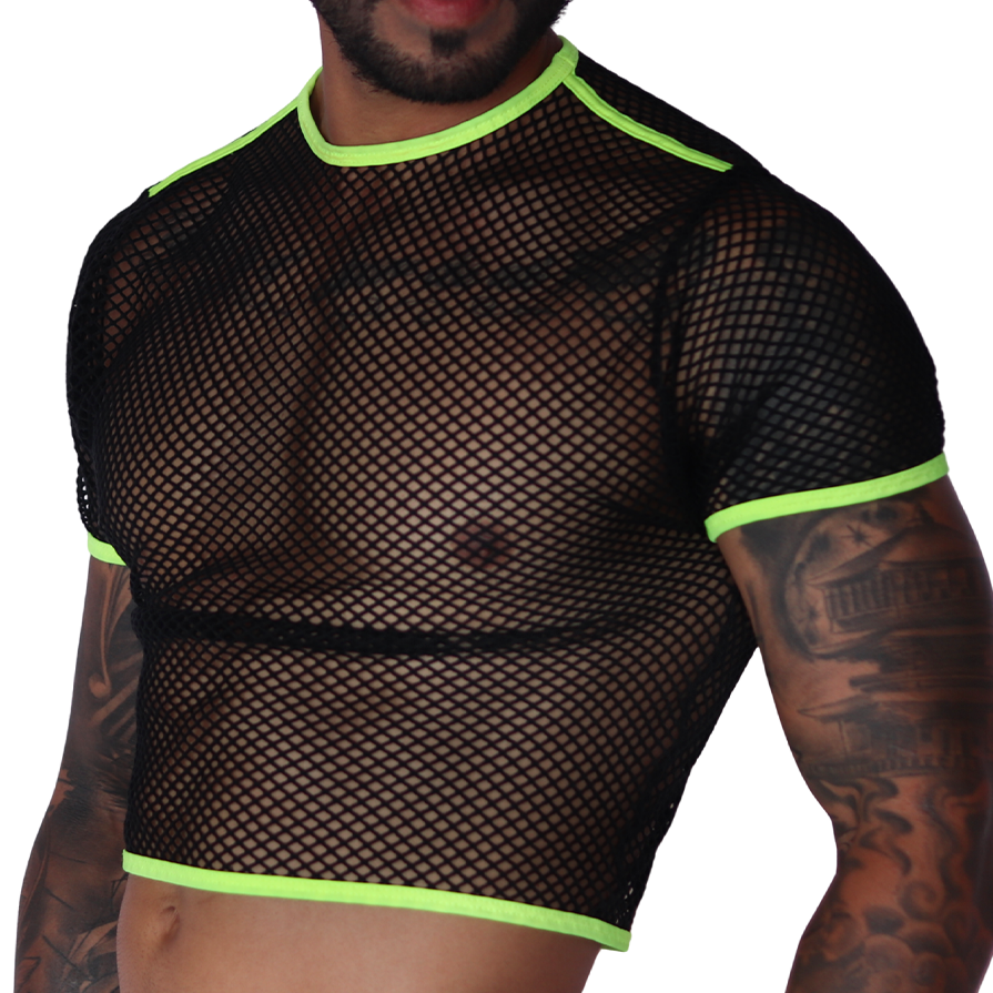 Gigo Boox yellow-trim black fishnet crop top, front detail view. Mesh short-sleeve shirt with neon yellow edges.