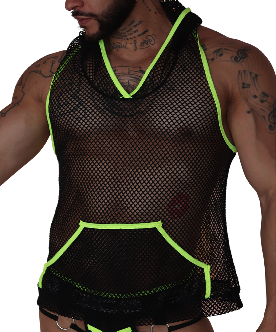 Front view of Gigo Boox black mesh hoody t-shirt with neon yellow trim and front kangaroo pocket.