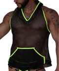 Front view of Gigo Boox black mesh hoody t-shirt with neon yellow trim and front kangaroo pocket.