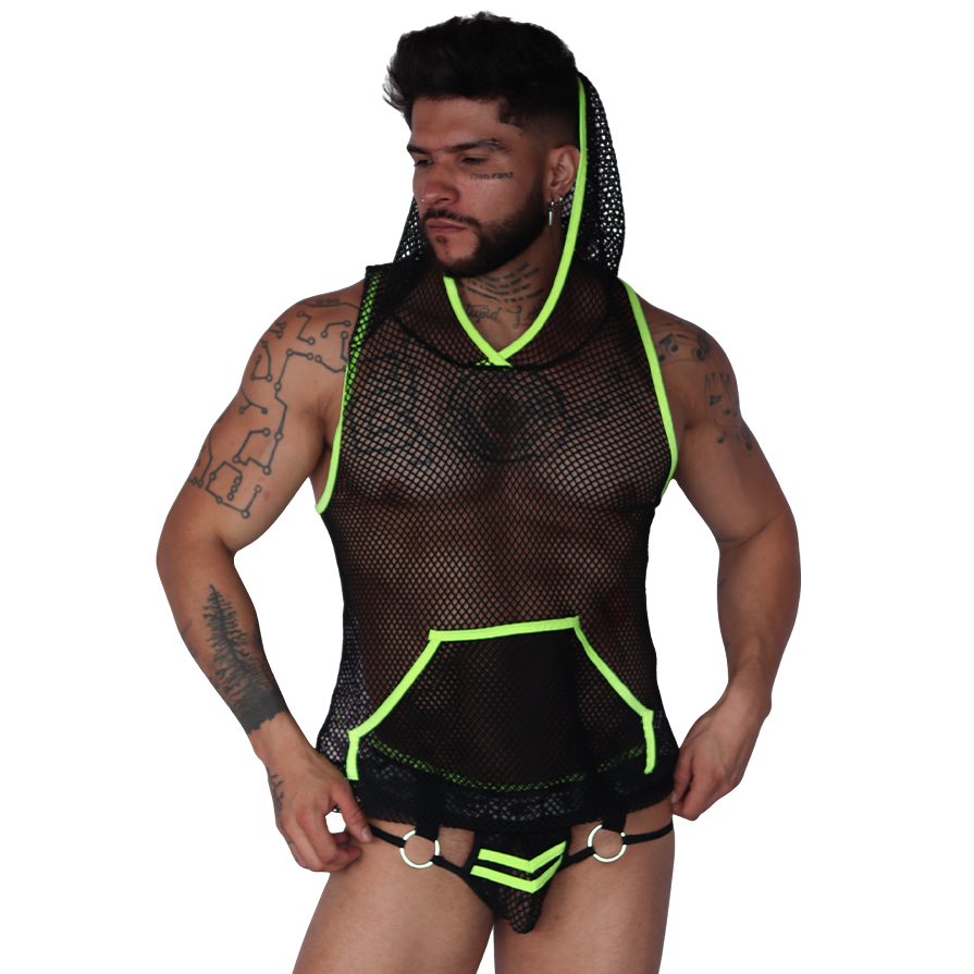 Gigo Boox front view: Black fishnet mesh HOODY TSHIRT with neon yellow trim and pouch pocket.