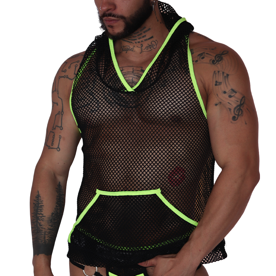 Front view of Gigo black mesh hoody t-shirt with neon yellow trim and pouch pocket on a muscular model.