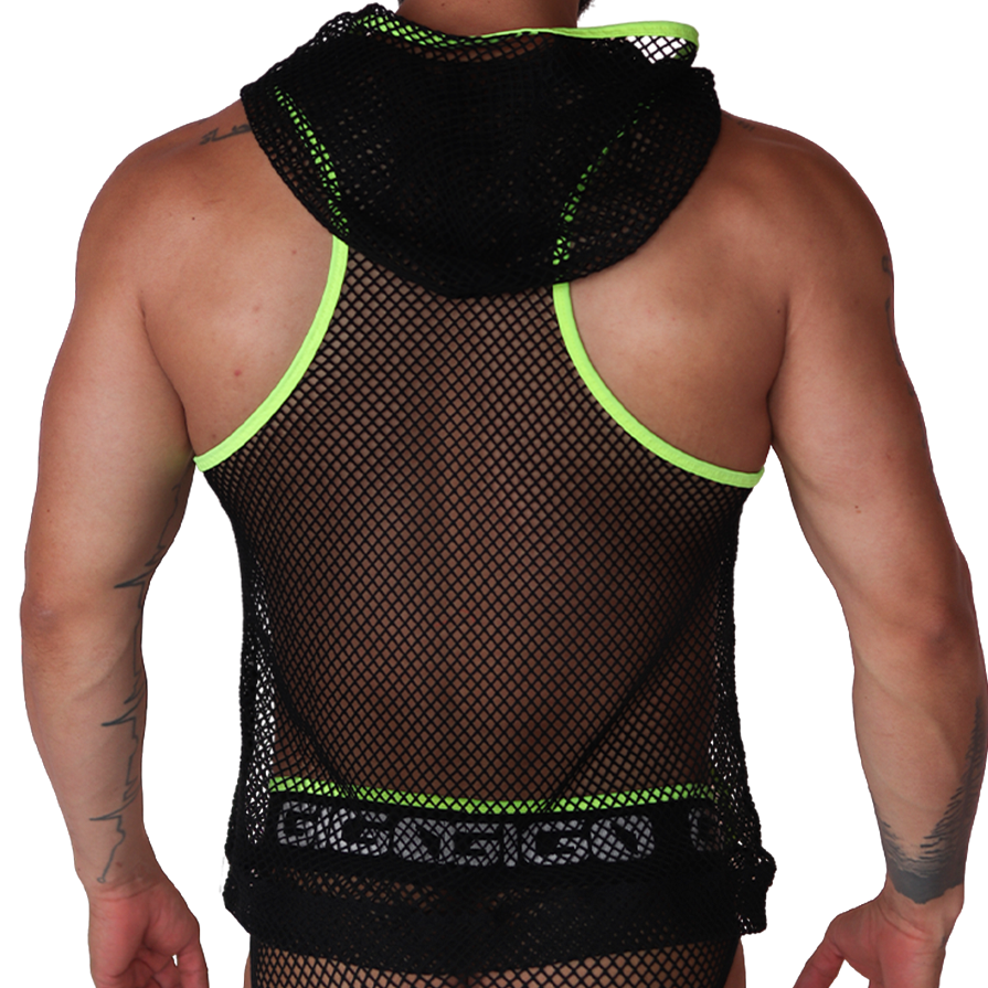 Back view of Gigo Boox mesh hoody t-shirt in black with neon yellow trim.