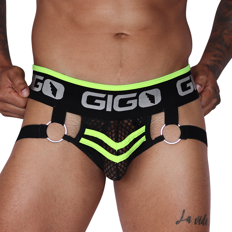 Front view of Gigo Boox yellow jockstrap in black fishnet mesh with O-rings and logo waistband.