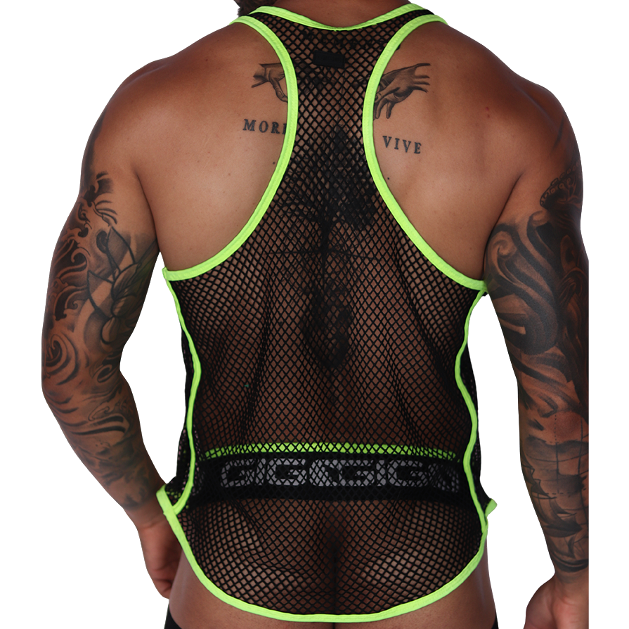 Back view of Gigo Boox mesh tank top with neon yellow trim and branded elastic waistband on a tattooed model.