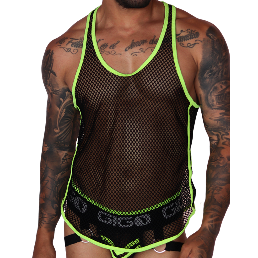 Front view of Gigo Boox tank in black fishnet mesh with neon yellow trim.