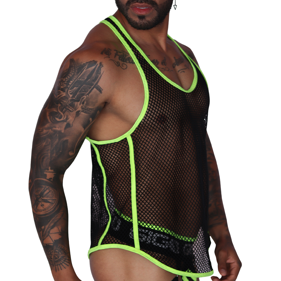 Side view of Gigo Boox mesh tank top with neon yellow trim and black fishnet fabric on a tattooed male model.