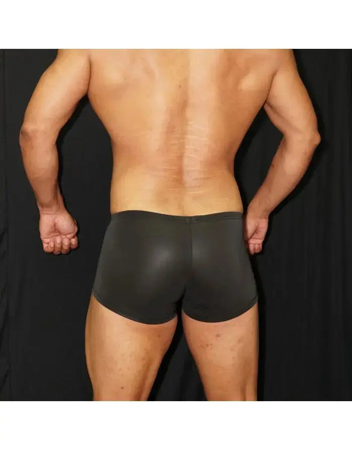 Black eco-leather men's boxer underwear by Arroyman featuring a snug fit and smooth texture shown from the back.