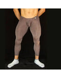 Men's brown gym tights by Arroyman featuring a fitted design and ribbed texture shown on a model with bare feet.