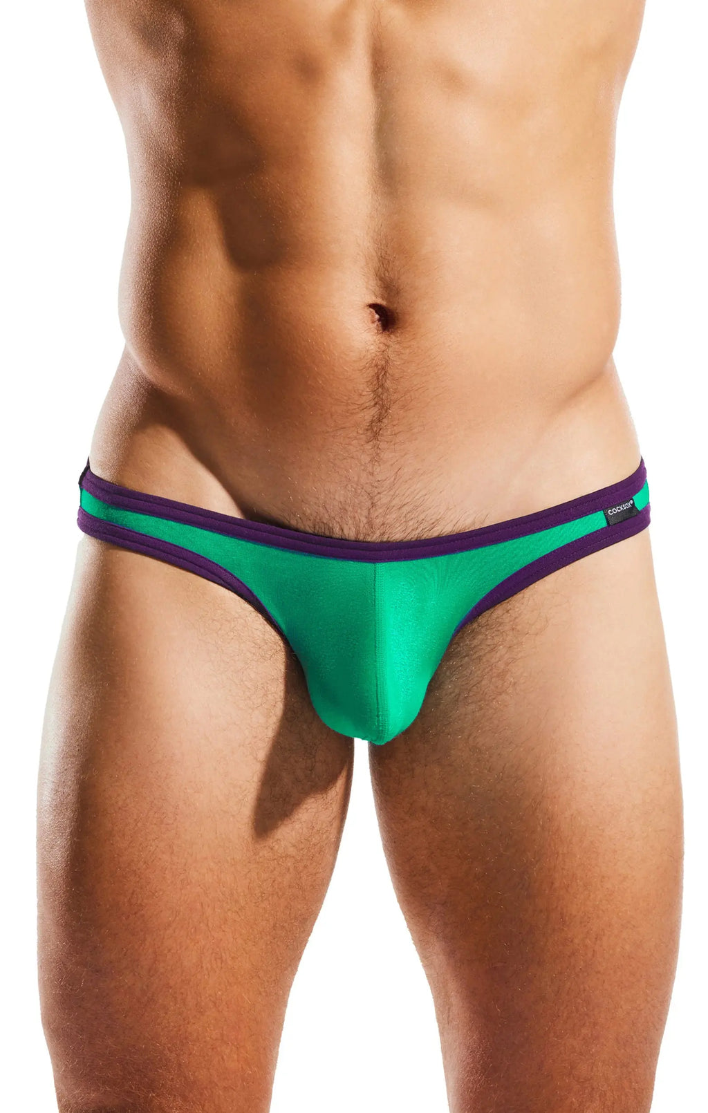 Torso in green briefs with purple trim on a white background.