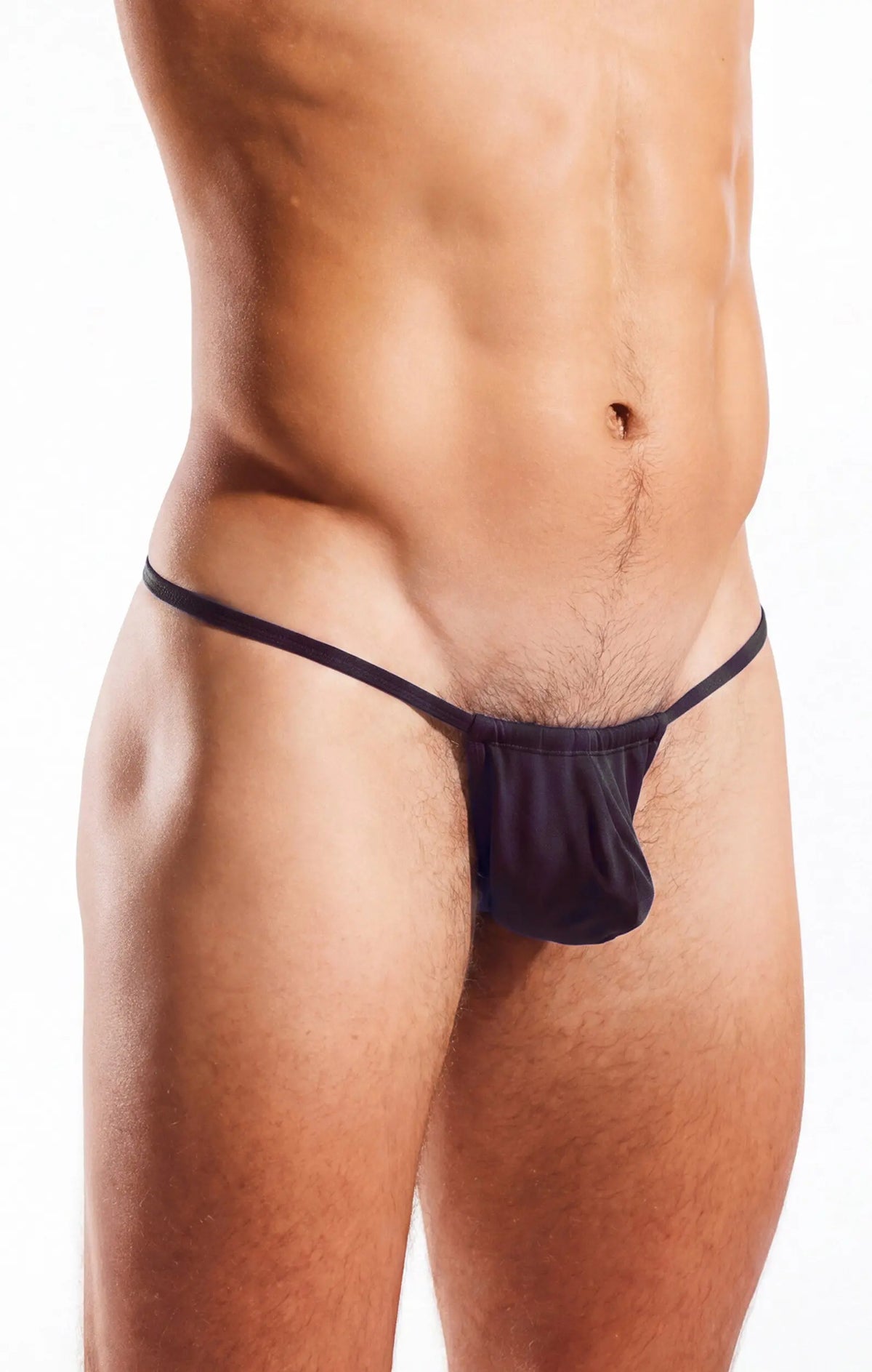 Torso and thighs of a person wearing black underwear against a white background.