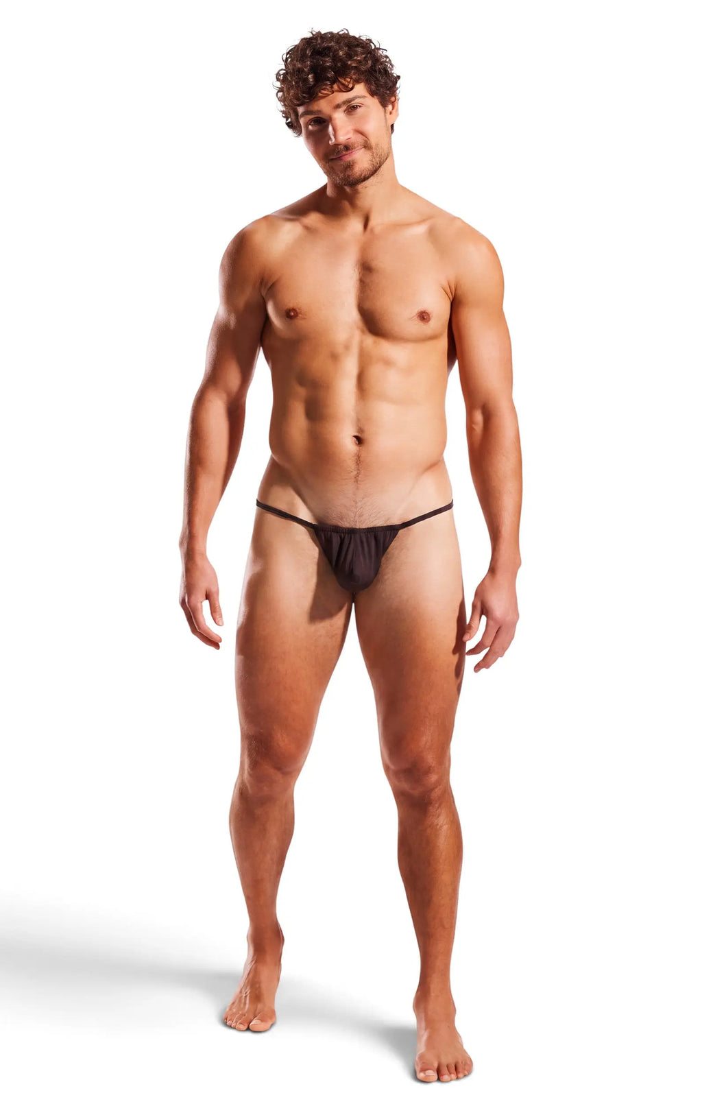 Shirtless man in dark briefs standing on a white background.