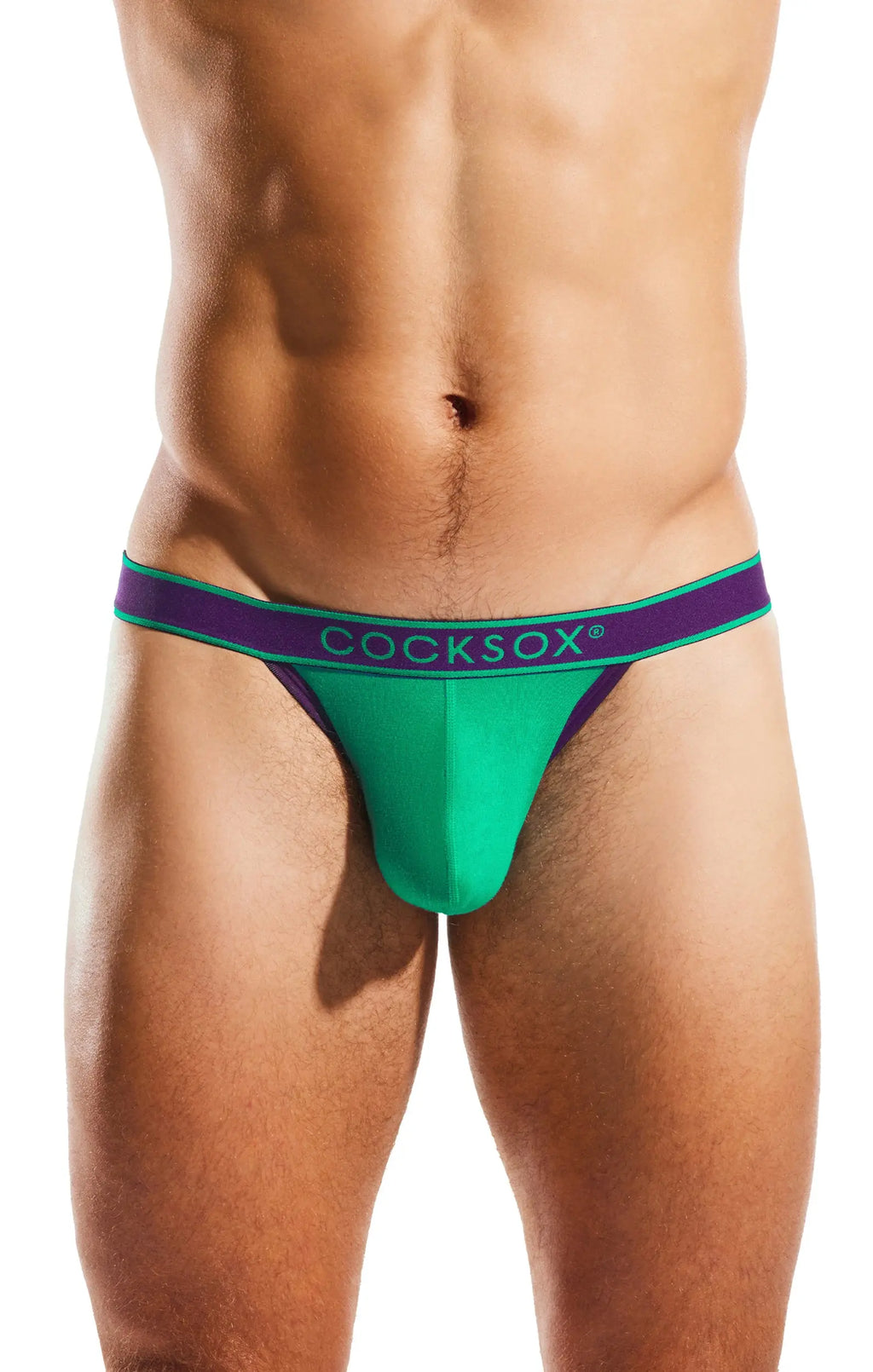 Torso in green underwear with purple waistband on white background.