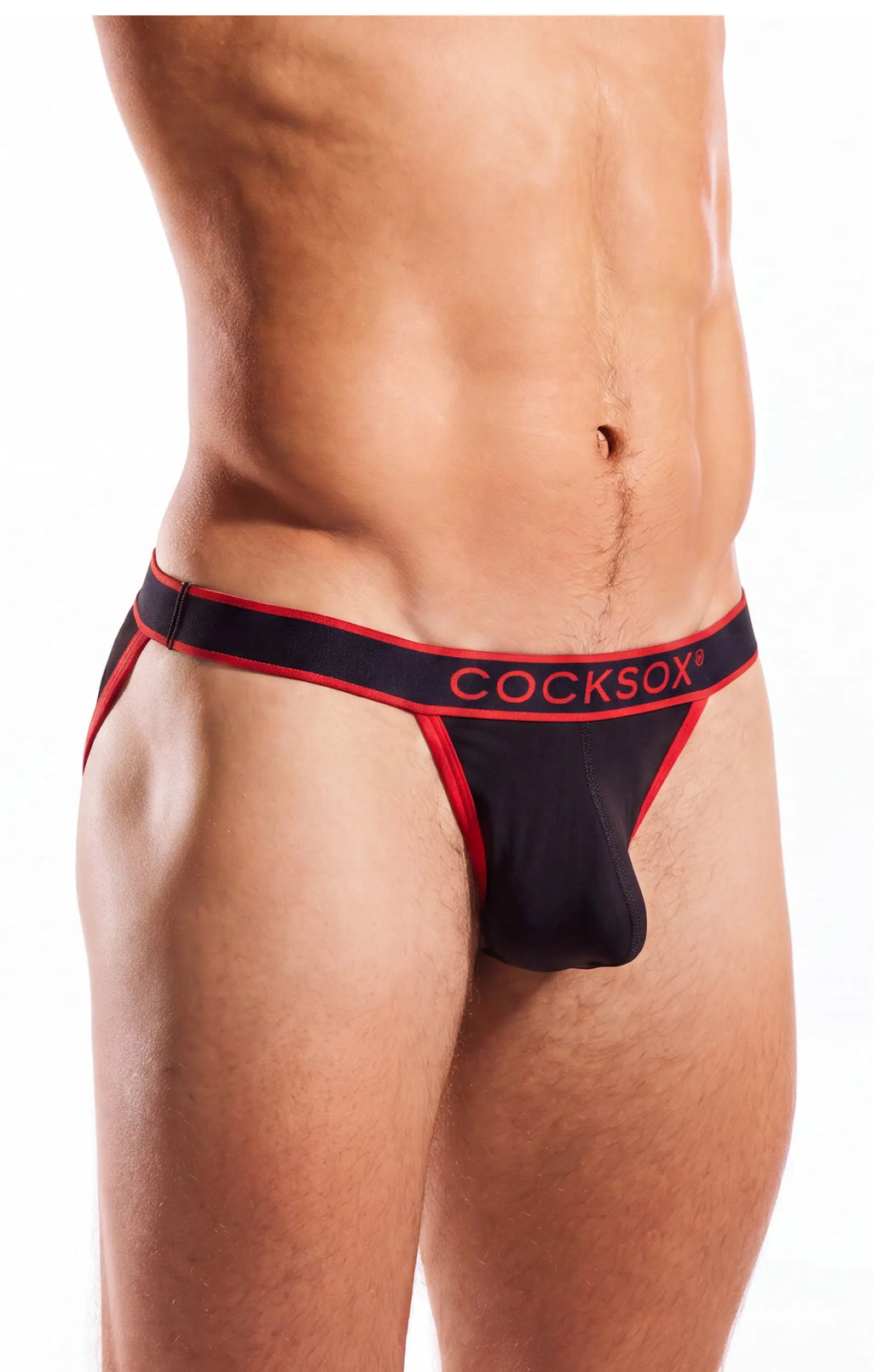 Torso and thighs of a person wearing black underwear with a red waistband and red trim.