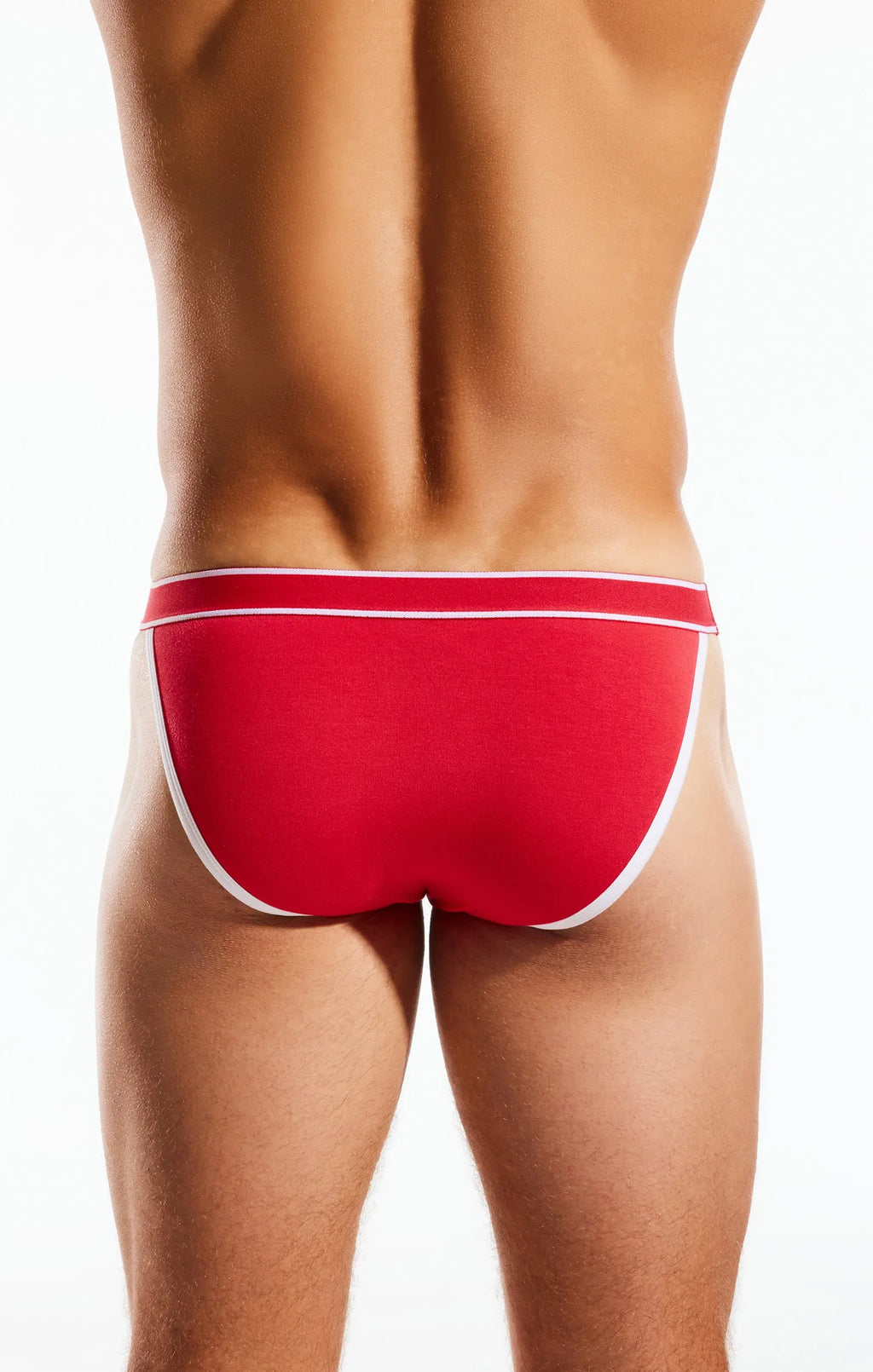 Rear view of a person in red briefs with white trim on a white background.