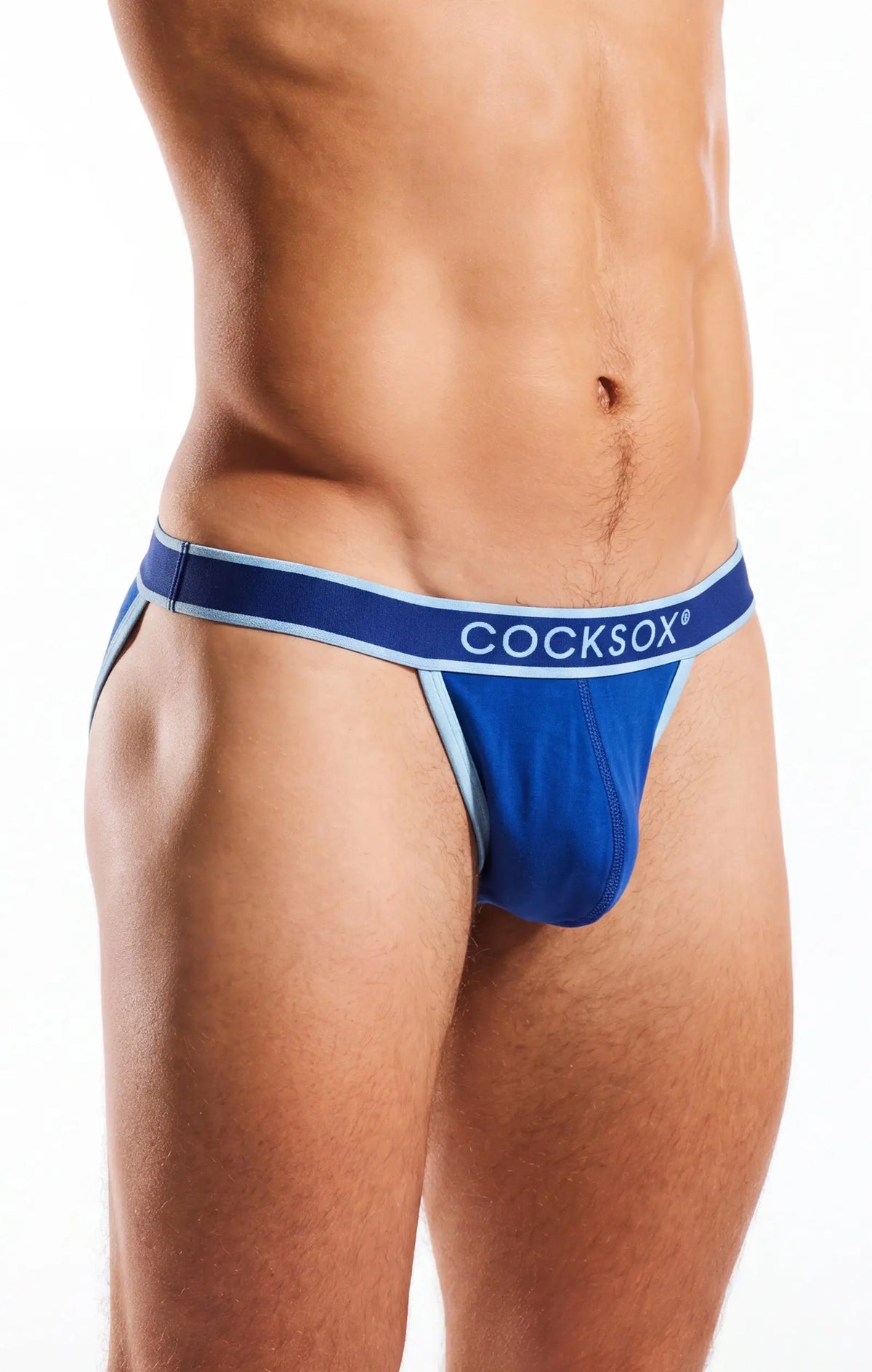 Torso of a person wearing blue underwear with a light blue waistband, white background.