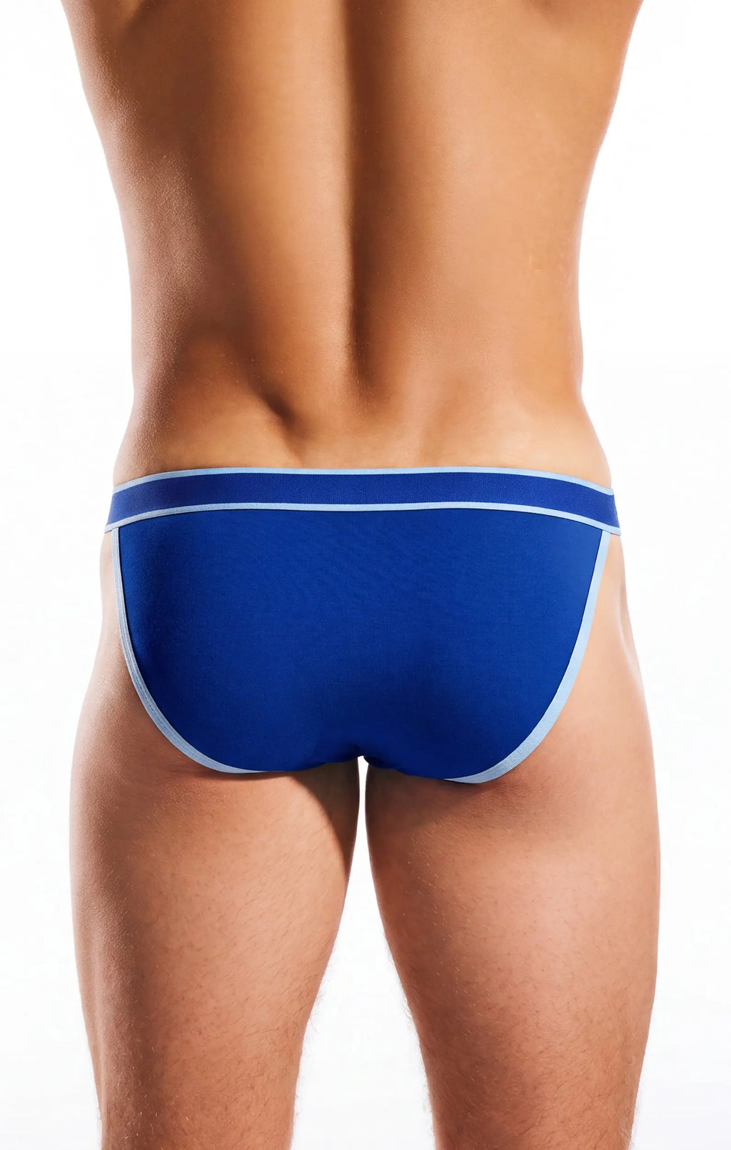 Rear view of a person wearing blue briefs with light blue trim on a white background.
