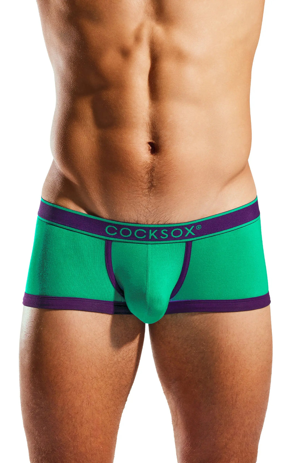 Torso and thighs of a person wearing green trunks with a purple waistband.
