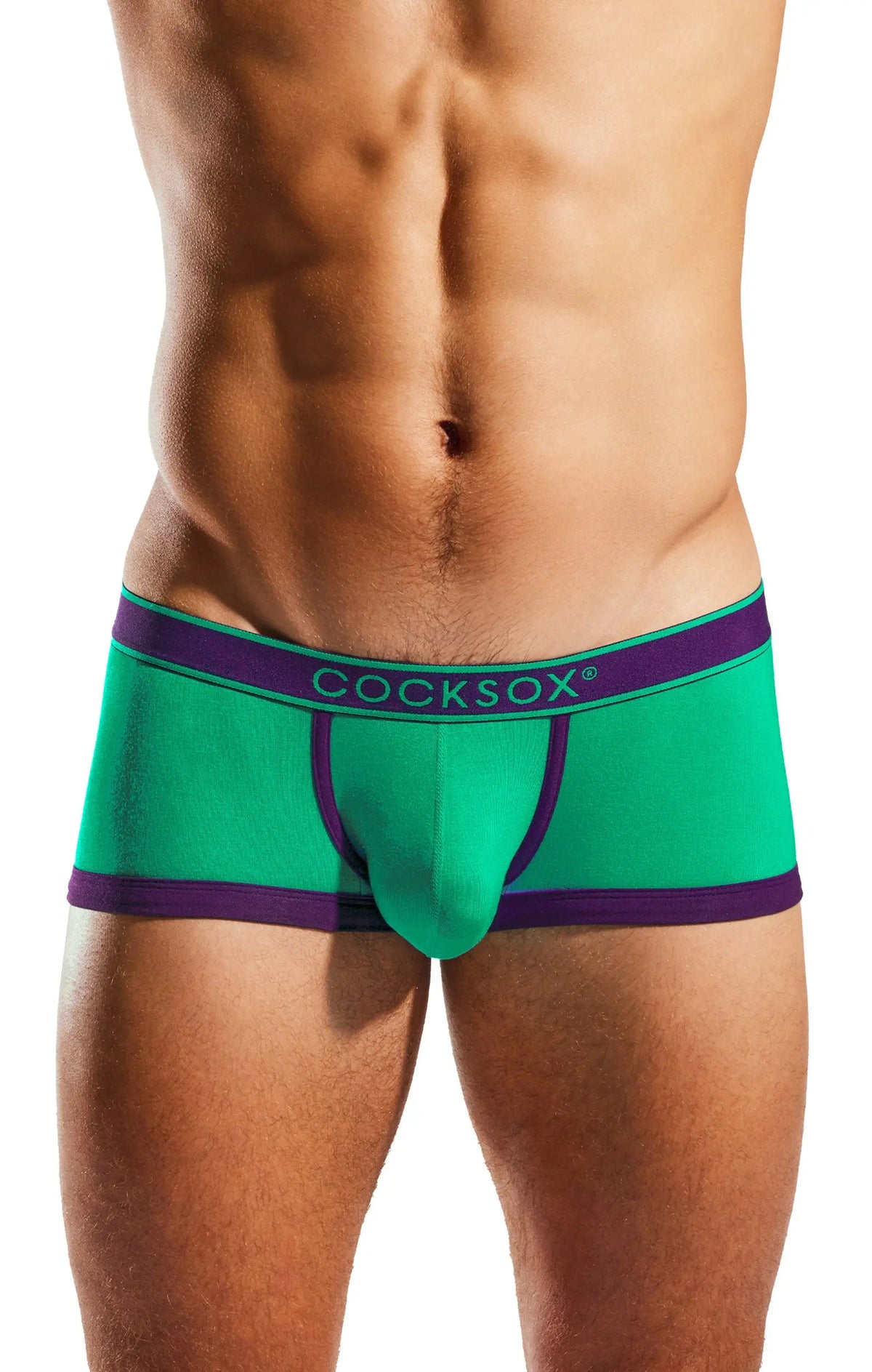Torso and thighs of a person wearing green trunks with a purple waistband.